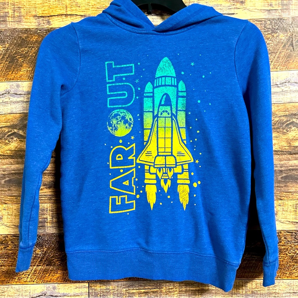 Jumping Beans | Blue Rocketship Graphic Fleece Hooded Sweatshirt (size 8) 🚀